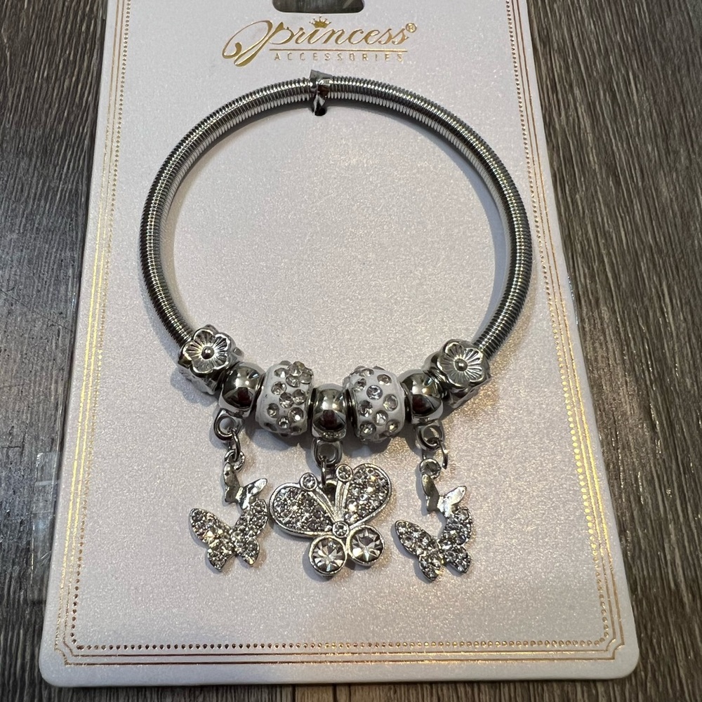 Silver Rhinestone Butterfly Charm Bracelet NWT Princess Accessories Stackable - Picture 3 of 3